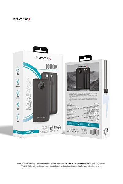 Powerx بنك طاقة محمول بسعة 10000 مللي أمبير وشحن سريع 22.5 واط - مع كابلات Type-C و Lightning مدمجة، وشاشة LED رقمية (الموديل: PXPBA11)