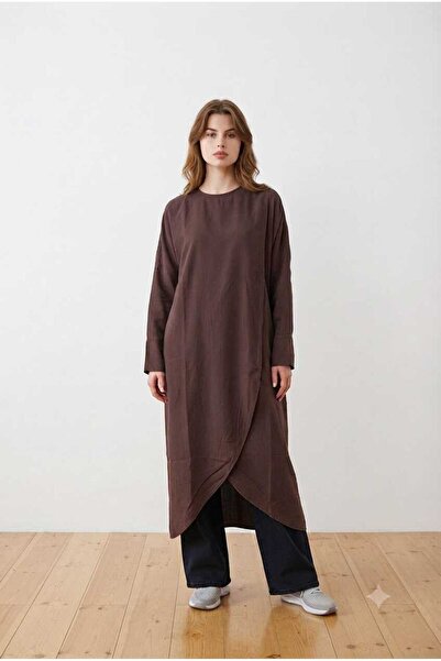 Neways 6394-Denim Parça Boya Standart Tunik Kahve