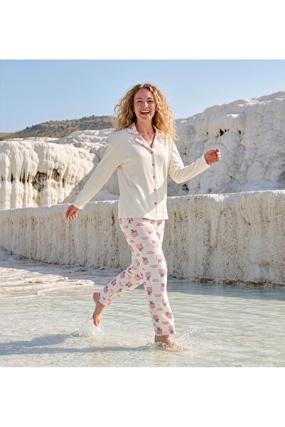 CALİA Ecru Happy Birthday Patterned Berlin Fabric Long Sleeve Pajama Set