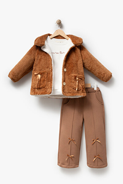 Jikko Baby Girl's Plush Jacket, T-Shirt, Bow Detail, Wide Leg Pants, 3-Piece ...