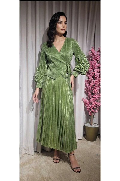 Clara Sparkling Wrap Evening Gown with Ruffled Sleeves