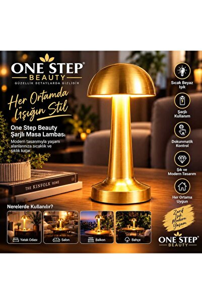 One Step Beauty Mantar Masa Lambası Altın Renk Gold Kasa