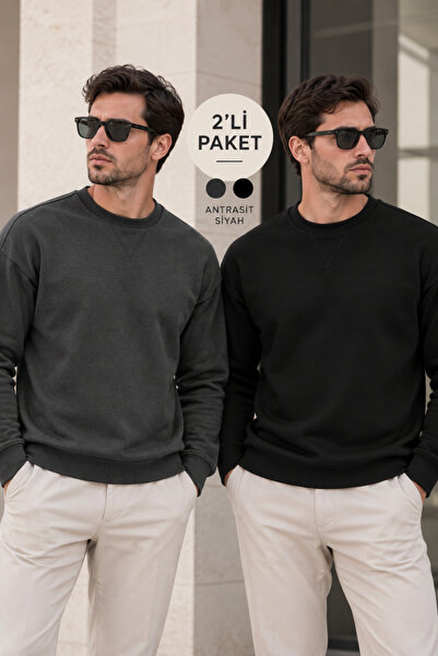 Polo State Erkek 2’li Paket Bisiklet Yaka Basic Günlük Sweatshirt - Siyah & A...