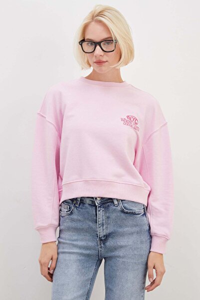 Fulla Moda 3 İplik Şardonsuz Nyc Baskılı Kolu Çimalı Sweatshirt