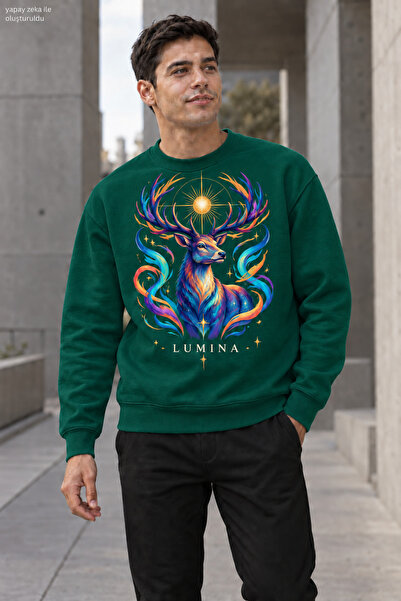 caddekombin Men's Majestic Deer Printed Crew Neck Casual Regular Fit Sweatshirt