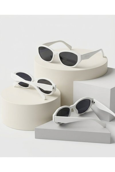 funeyes Stella White Geometric Cat Eye Thick Temple Sunglasses Metal Hinged Acetate