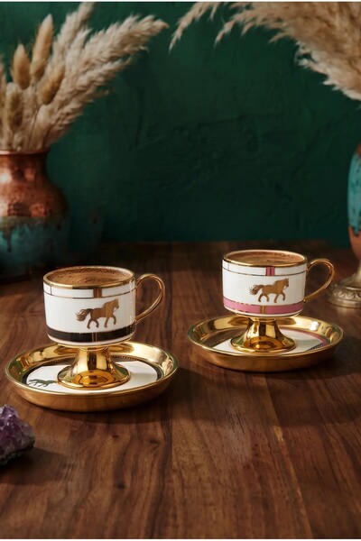 NESS HOME 4 Parça 2 Kişilik Race Horse Porselen Kahve Fincan Takımı 100 ml