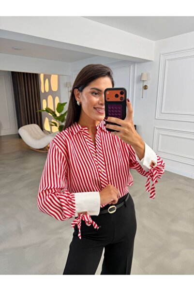 Elif Özbey Butik Kırmızı Kol Detaylı Çizgili Gömlek