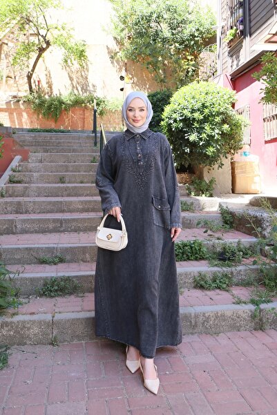 NİSUM MODA Λινό φόρεμα με κεντημένες τσέπες στο μπροστινό μέρος