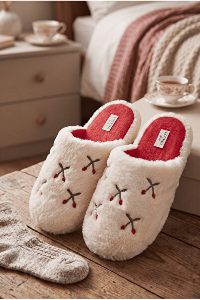 Tonny Black Women's White Cherry Patterned Plush House Slippers