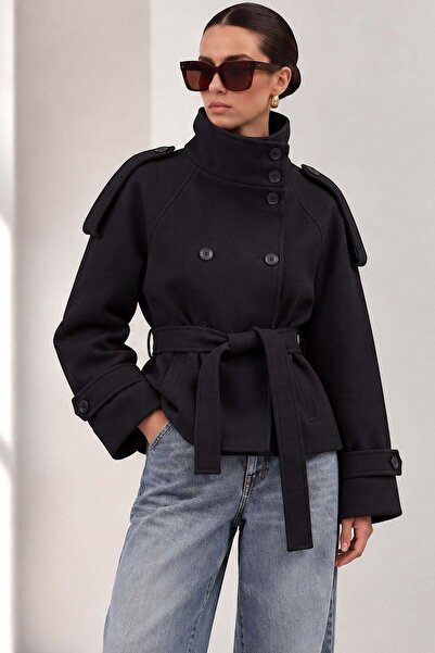 Trendsensin Lorven Oversize Dik Yaka Siyah Viral Kadın Kaşe Kaban Ceket