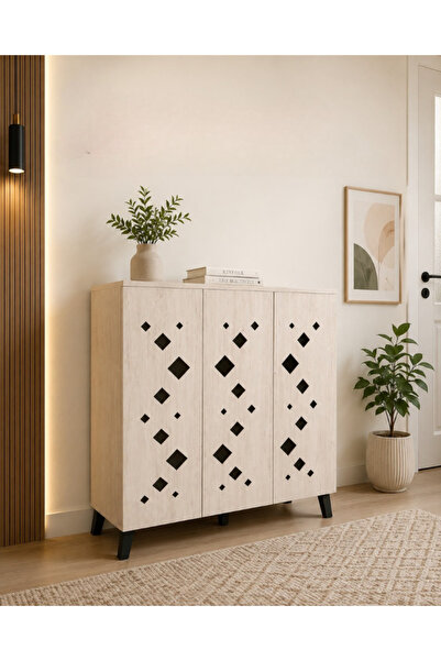 PLUS 22 Modern Shoe Storage Cabinet 3 Doors Geometric Vented Shoe Cabinet