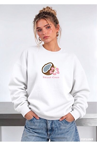 FUFLUNS SWEET COCO SWEATSHIRT DE DAMĂ CU GULER ROTUND, IMPRIMAT, MĂRIME MARE