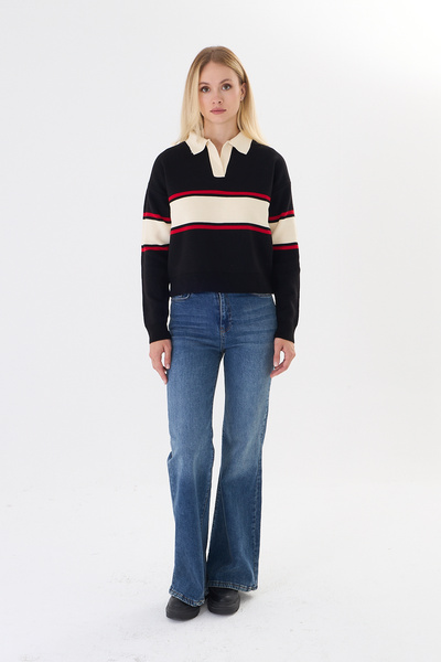 SEVİM TRİKO Women's Polo Neck Striped Oversize Knitwear Sweater