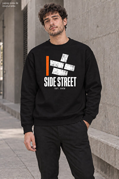 caddekombin Men's Side Street Lettered and Orange Line Detailed Crew Neck Cas...