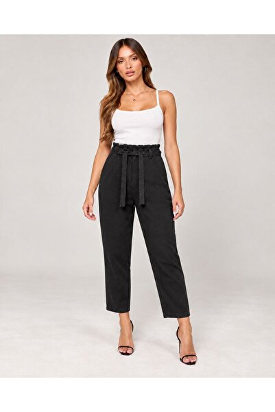 Şeker Portakalım Women's Black Carrot Fit Fabric Pants with Gathered Waist Belt