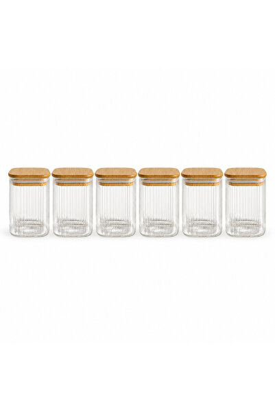 Queen’s Kitchen 6 Adet Kare Bambu Kapaklı Çizgili Cam Baharatlık Kavanoz Set 6X250ml