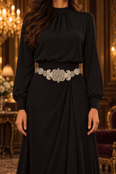 Kadın Gümüş Renk Damla Merkez Motifli Metal Kemer Vintage Stil Premium Kutu