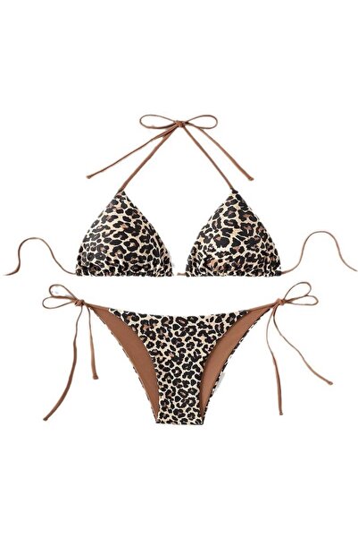 Generic Brand Set bikini triunghiular cu imprimeu leopard pentru femei – Înch...