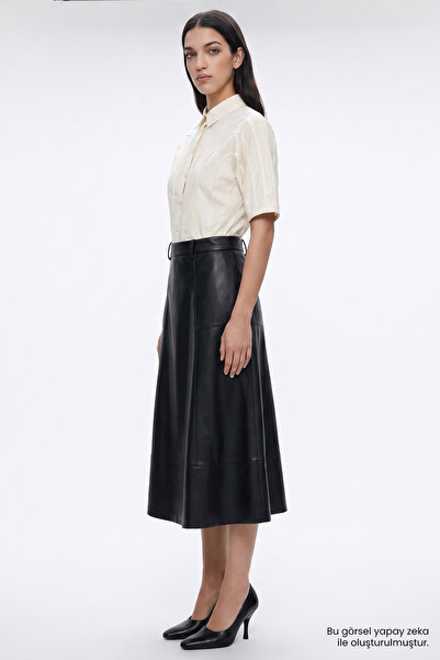 Exquise Faux Leather Pocketed Zippered Regular Midi Skirt