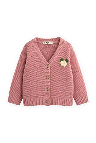 Cigit V-Neck Links Rose Cardigan 2-7 Years Pink