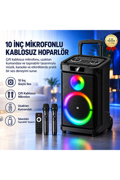 hızlı store 10 İnç Mikrofonlu Kablosuz Hoparlör Kumandalı Taşınabilir Ses Sis...