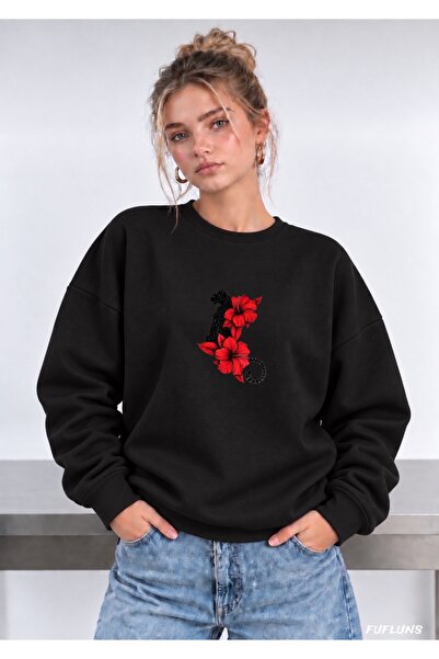 FUFLUNS Flowered Tiger Printed Oversized Women's Crewneck Sweatshirt