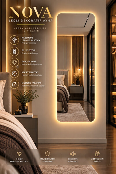 SEVİNÇ KONSEPT NOVA Ledli Dekoratif Ayna (40x80 cm, 40x90 cm, 50x100 cm, 55x1...