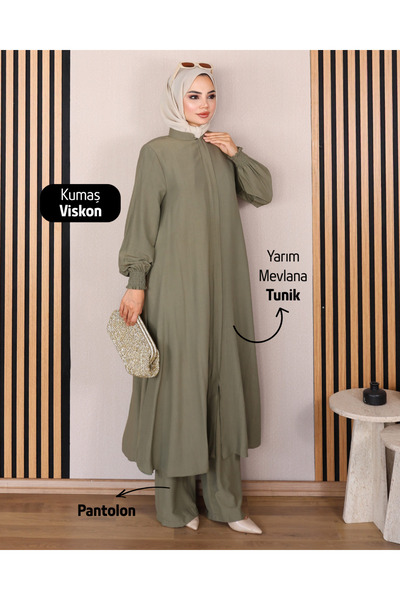 Moda Hayme Viskon Alt Üst İkili Tesettür Takım Yarım Mevlana Tunik ve Pantolo...