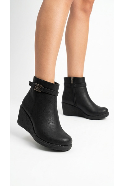 Limeo Women's Leather Look Belt Detailed Wedge Heeled Casual Ankle Boots