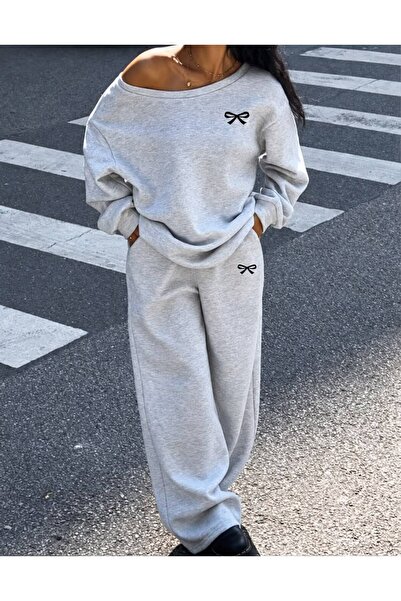 LOUİSA Kadın Gri Ribanalı Asimetrik Yaka Minimal Kurdele Baskılı Sweatshirt- ...