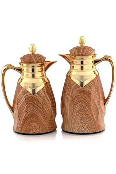 Hawa al-sahel al-thhabe Al-Saif Al-Amira Thermos Set, 1L & 0.75L - خشبي غامق ذهبي