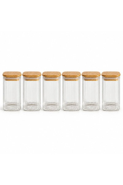 Queen’s Kitchen 6 Adet Kare Bambu Kapaklı Çizgili Cam Baharatlık Kavanoz Set 6X425ml