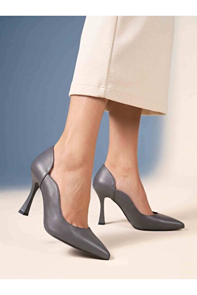 Güllü Shoes Gray Matte Stiletto Curved Side Cutout Pointed Toe Thin Heeled Wo...