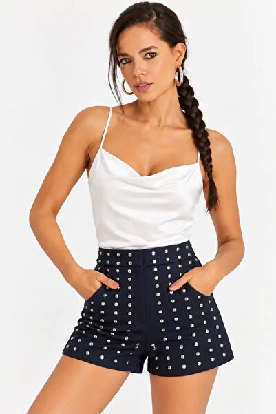 CARLA MARA Navy Blue Staple Detailed High Waist Women's Shorts