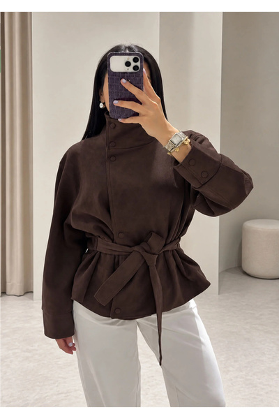 Ekim Store Suede Stand Collar Belted Drawstring Leather Jacket