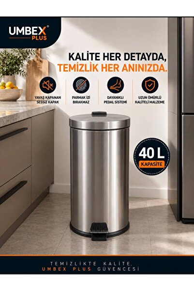 UMBEX PLUS 40 LT KROM METAL ÇÖP KOVASI ÇÖP KUTUSU PEDALLI AMORTISORLU KAPAK