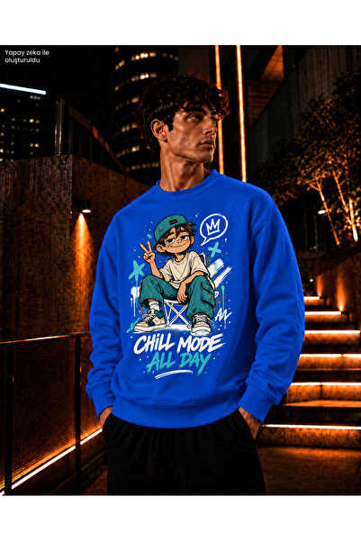 caddekombin Men's Turquoise and Black Chill Mode Written Crew Neck Casual Reg...