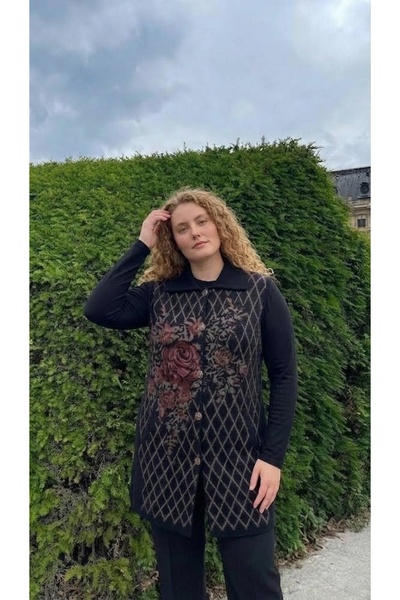 onno style women Plus Size Plaid Rose Piqué Patterned Steel Knitted Women's K...