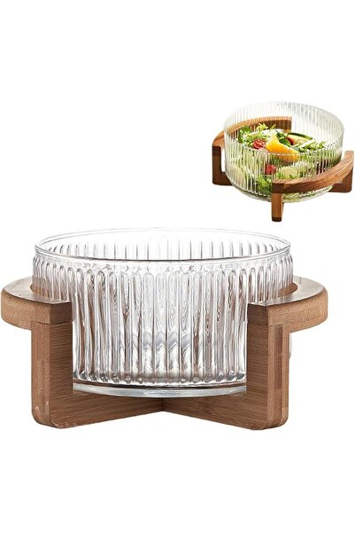 ALMEKAQUZ 3800ml Glass Salad Bowl Set With Acacia Wood Base, Elegance Salad S...