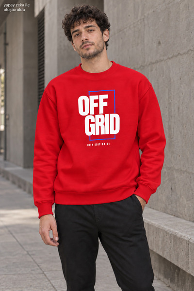 caddekombin Men's Black Off Grid Written Crew Neck Casual Regular Fit Sweatshirt