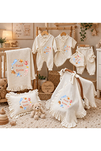 Moda Lime Kişiye Özel 10 Parça 4 Kat Müslin Bebek Seti Nakış Görünümlü 3D Bas...