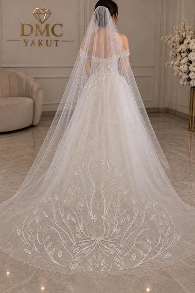 DMC YAKUT Dantel İşlemeli Taş Detaylı Tül Gelin Duvağı 300x200 cm – Düğün, Nikah, Nişan ve Kına İçin