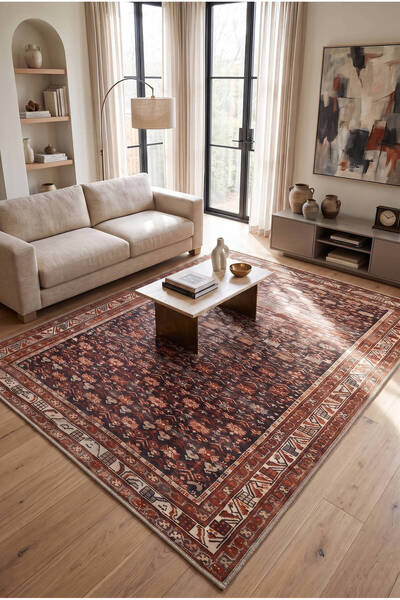 ARTLOOP İstanbul Kahverengi Etnik Vintage Desenli Dokuma Tabanlı Şönil Halı A...