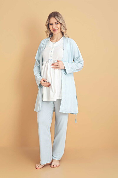 LORIAN'S Natural Cotton Blue Short Sleeve Maternity Pajama Set 3-Piece Set - ...