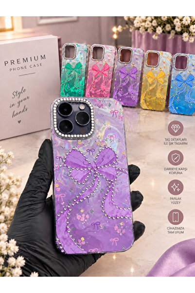 İphone 13 Pembe Fiyonklu Taşlı Premium Telefon Kılıfı