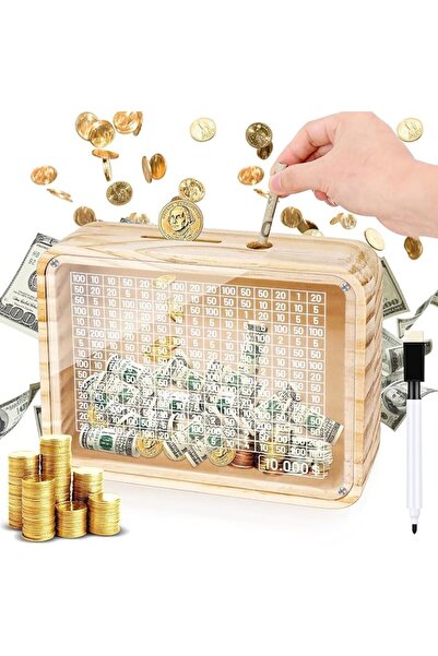 KASTWAVE Cash Wooden Savings Box, Piggy Bank for Kids Adults, 10000$ Target S...