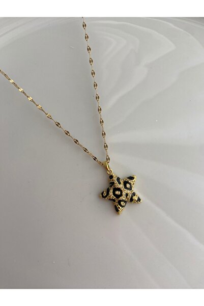 Anetta Jewelry Kadın altın renk siyah leopar desenli yıldız uçlu çelik kolye(...