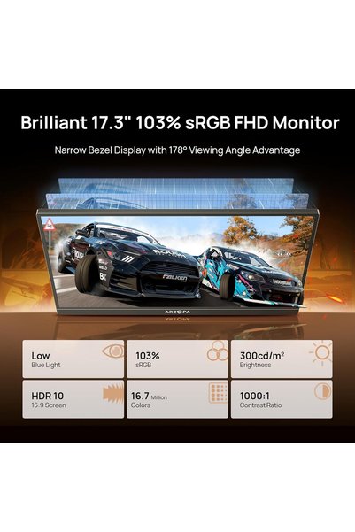 Arzopa 17.3" Portable Monitor, 1080P FHD 103% sRGB IPS Gaming Monitor Laptop Monitor with Built-in Kickstand HDMI USB C External Screen for PC Mac Phone Xbox PS5 - A1M