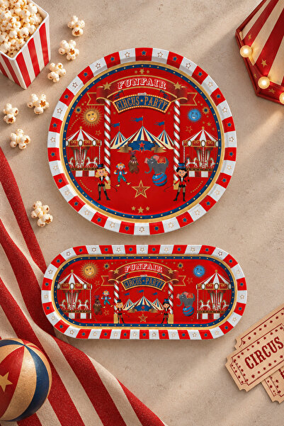 Sarkap Home 34 cm Yılbaşı Circus Kırmızı Tepsi ve 16x35 Oval Tepsi Seti